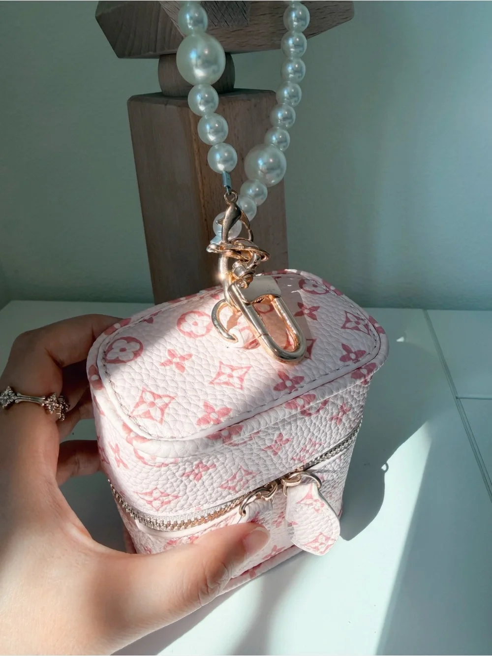 Pink Mini Cosmetic Pouch & Card Holder with Pearl Strap 🎀